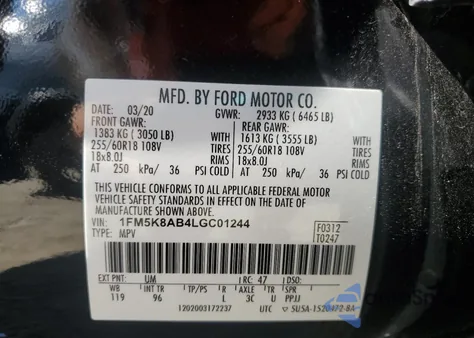 2020 Ford Explorer Police Interceptor z USA, uszkodzony, nr VIN 1FM5K8AB4LGC01244